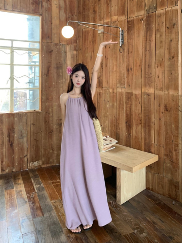 French first love gentle purple halterneck suspender dress summer women's holiday style loose slimming A-line long skirt