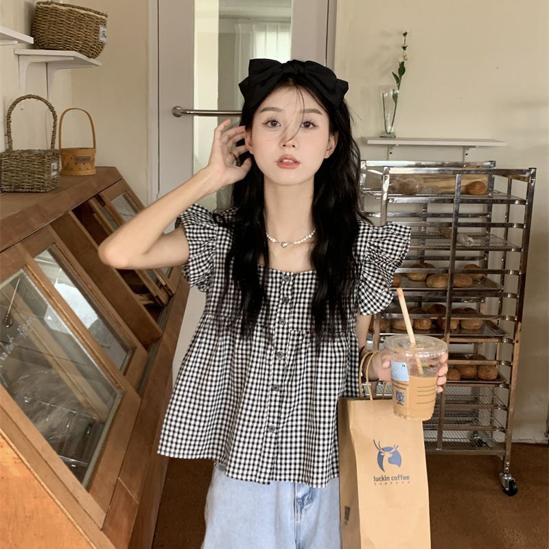2024 Summer French Plaid Small Fly Sleeve Shirt Women's New Design Niche Shirt Loose Small Short Style