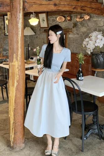 Actual shot of 2024 new summer long skirt, high-end waist skirt, Hepburn style French square collar blue dress for women