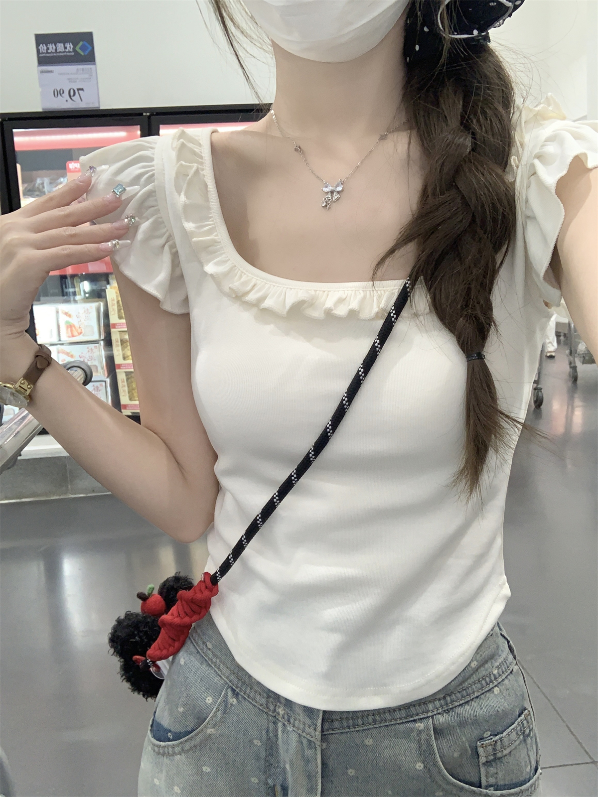 Real shot Summer Korean style square collar fungus edge age-reducing flying sleeves bow knot slim cotton short-sleeved T-shirt top