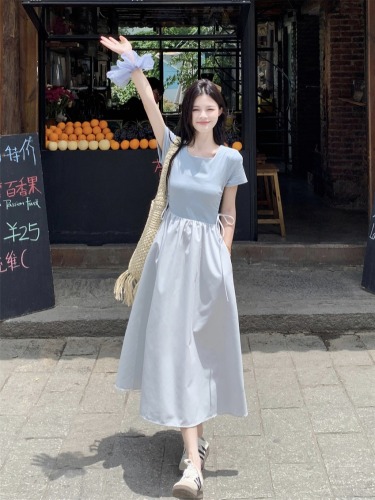 Actual shot of 2024 new summer long skirt, high-end waist skirt, Hepburn style French square collar blue dress for women