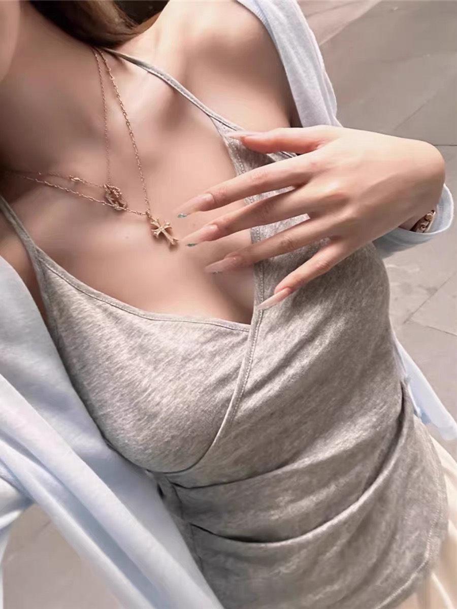 JMSHOP 鬆弛vibe 竹節棉掛脖吊帶女設計感夏季薄款交叉領無袖上衣
