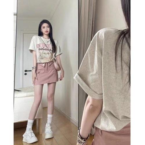 Tmall/Quality/Pure cotton 220G covered collar short-sleeved T-shirt women's summer loose college style top