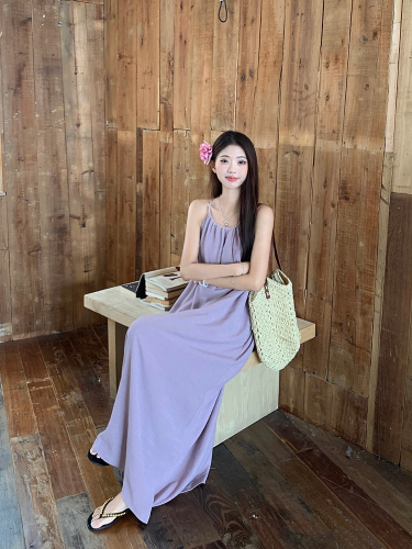 French first love gentle purple halterneck suspender dress summer women's holiday style loose slimming A-line long skirt