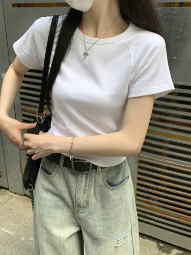 Real shot summer Korean version round neck shoulder insertion slimming slim pure color versatile pure cotton short-sleeved shirt for women