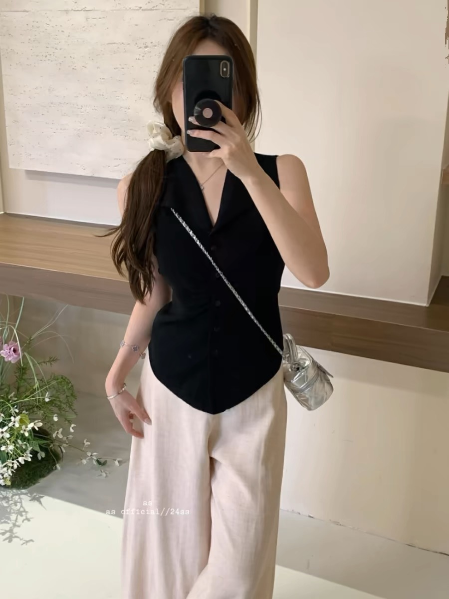 夏季新款韓系通勤紙片人~翻領設計背心小衫女