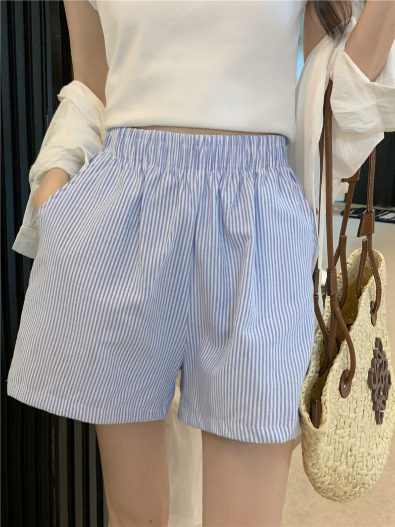 Real shot real summer new casual wide leg striped shorts for women
