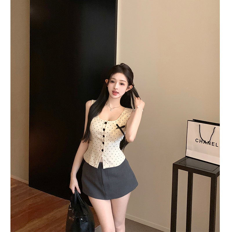實拍 小香風波點收腰顯瘦短款百搭女馬甲背心