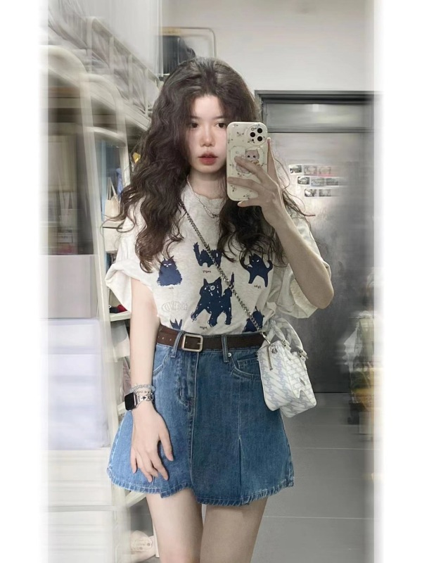 200g back pack spring and summer loose right shoulder printed short-sleeved T-shirt