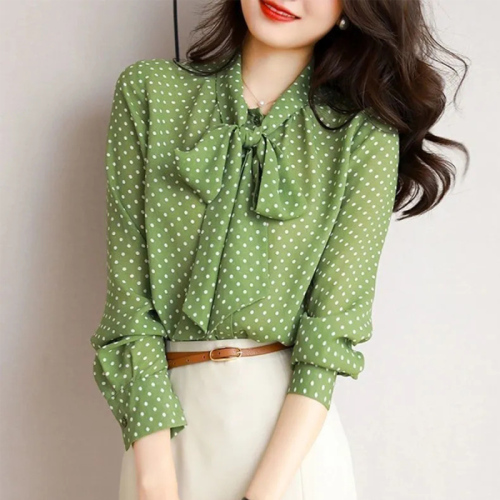 Quality inspector picture 2024 spring and autumn new style blouse women's polka dot shirt collar bow tie long sleeve one button cardigan top 