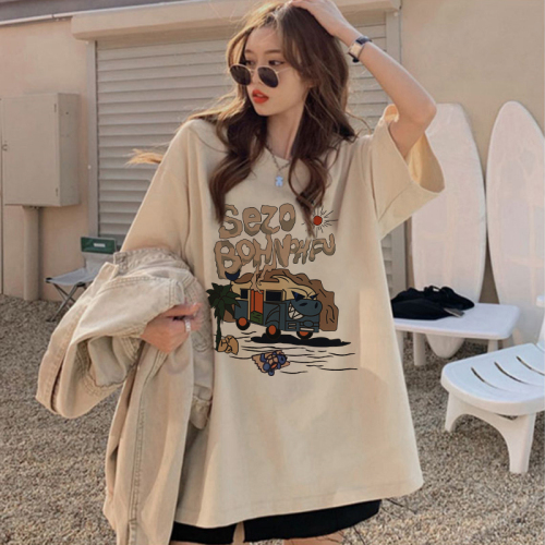 Douyin popular drop shoulder loose fit 200g combed cotton back hemmed short-sleeved T-shirt printed version