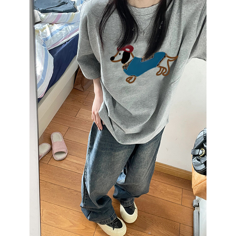 Pure cotton 220g retro dachshund dog right shoulder gray short-sleeved t-shirt for women 2024 summer design loose top