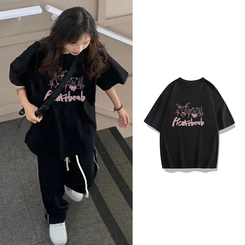 Real shot of summer dropped shoulder sleeves, loose type 200g combed cotton, back hemming, collar casual short-sleeved T-shirt printing