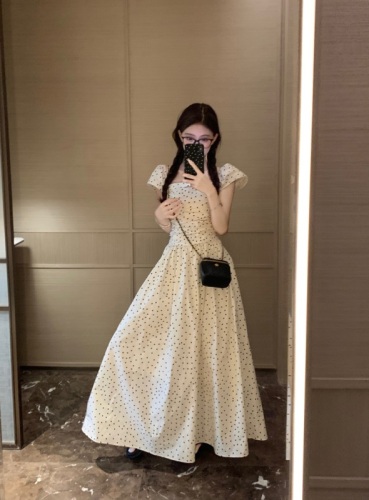 French style small flying sleeves polka dot dress summer feminine slimming long skirt niche design square collar