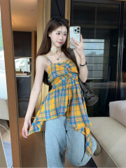 Actual shot~ Retro holiday style irregular twisted contrasting plaid slimming off-shoulder sleeveless tube top suspender