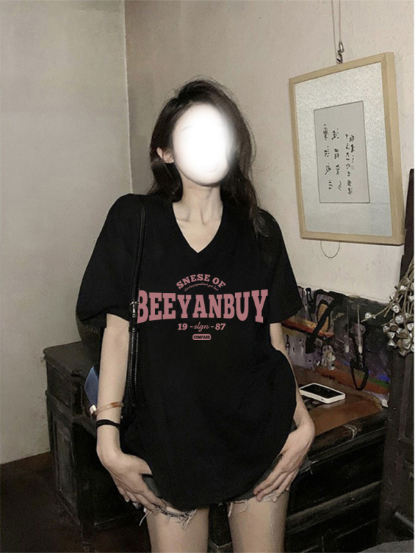 Pure cotton 220g v-neck t-shirt for women summer 2024 new American retro short-sleeved loose slimming high-end top
