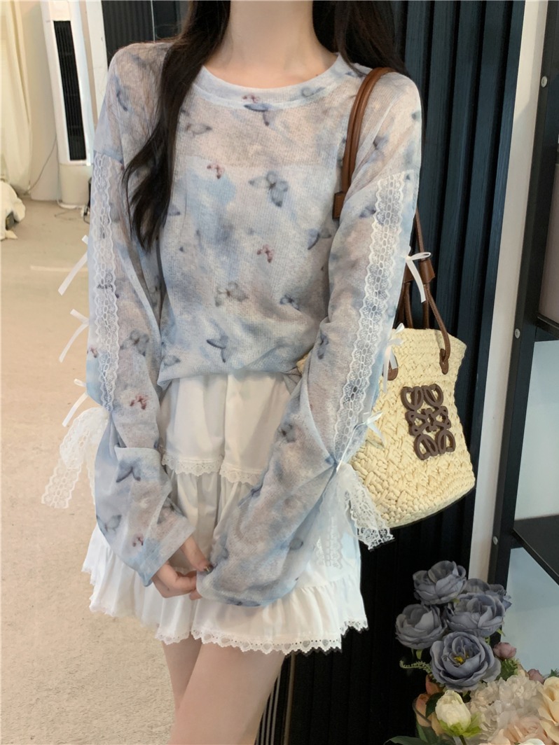實拍 真 夏季新款蝴蝶印花長袖T恤防曬衣女