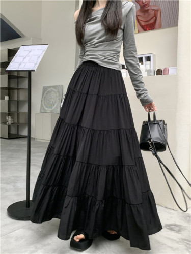 White spliced ​​skirt for women, versatile spring temperament, large swing umbrella skirt, high waist cake long skirt