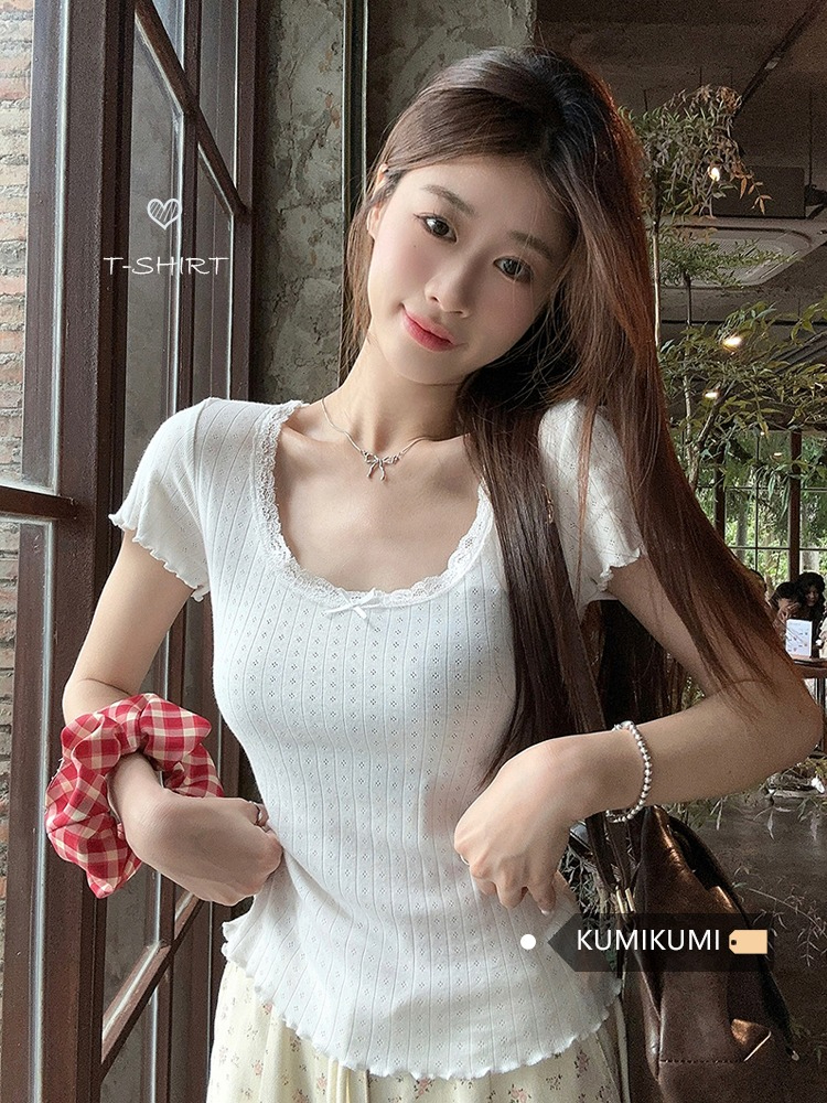 時尚超火純欲風蕾絲花邊蝴蝶結U領T恤女夏季甜辣修身百搭短袖上衣