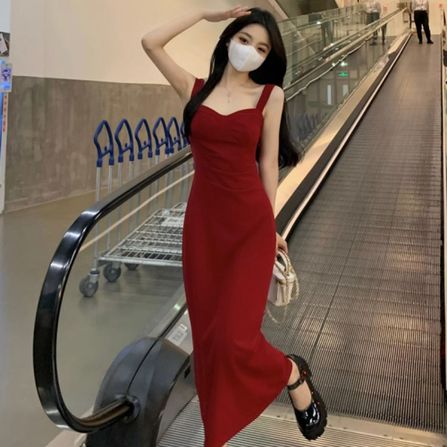 French red dress, summer gentle ladylike temperament long skirt, waist slimming suspender skirt, outer skirt suit