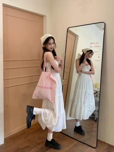 Pink suspender dress for women summer 2024 new pinch waist skirt small French gentle style a-line skirt long skirt