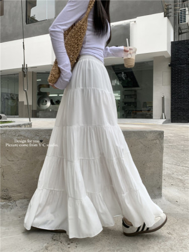 White spliced ​​skirt for women, versatile spring temperament, large swing umbrella skirt, high waist cake long skirt