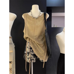 Inspection Officer Figure 2024 Summer Loose Sleeveless Blouse for Women, Thin French Style, Floral Print, Asymmetrical Polka Dot Shoulder Top