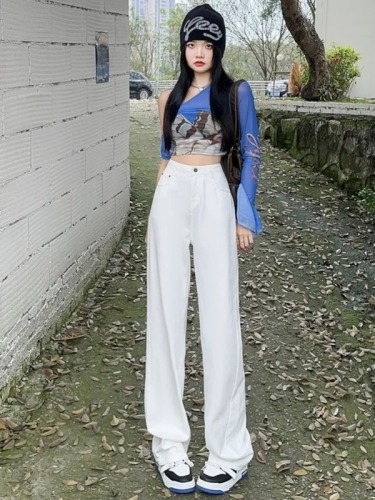 2024 White Magilla Embroidered Pocket Wide Leg Denim Jeans Women's Summer New High-Waisted Slim Straight Pants