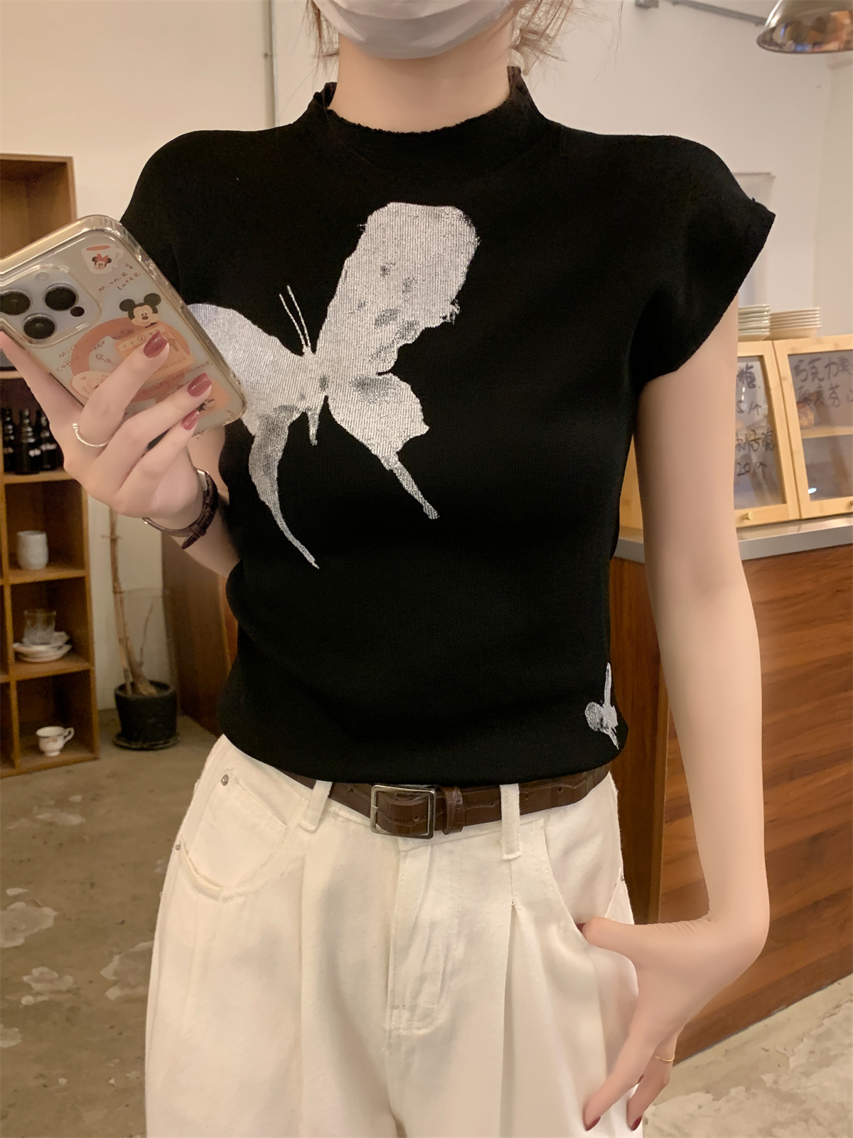 實拍 夏季韓版氣質修身蝴蝶印花設計感顯瘦針織衫短袖上衣女
