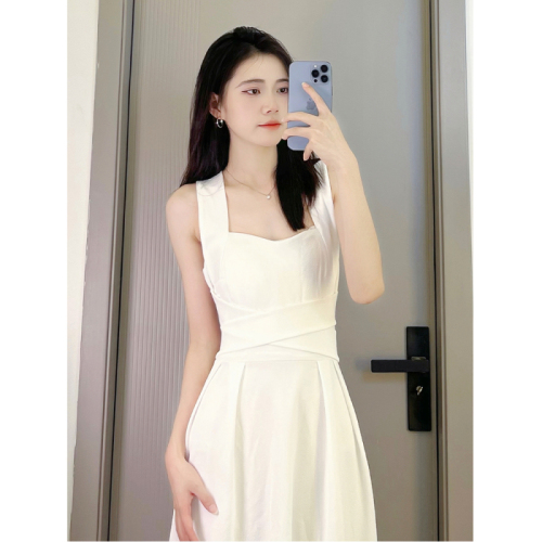 French temperament white dress for women summer new style cross strap high-end niche suspender waist slim long skirt