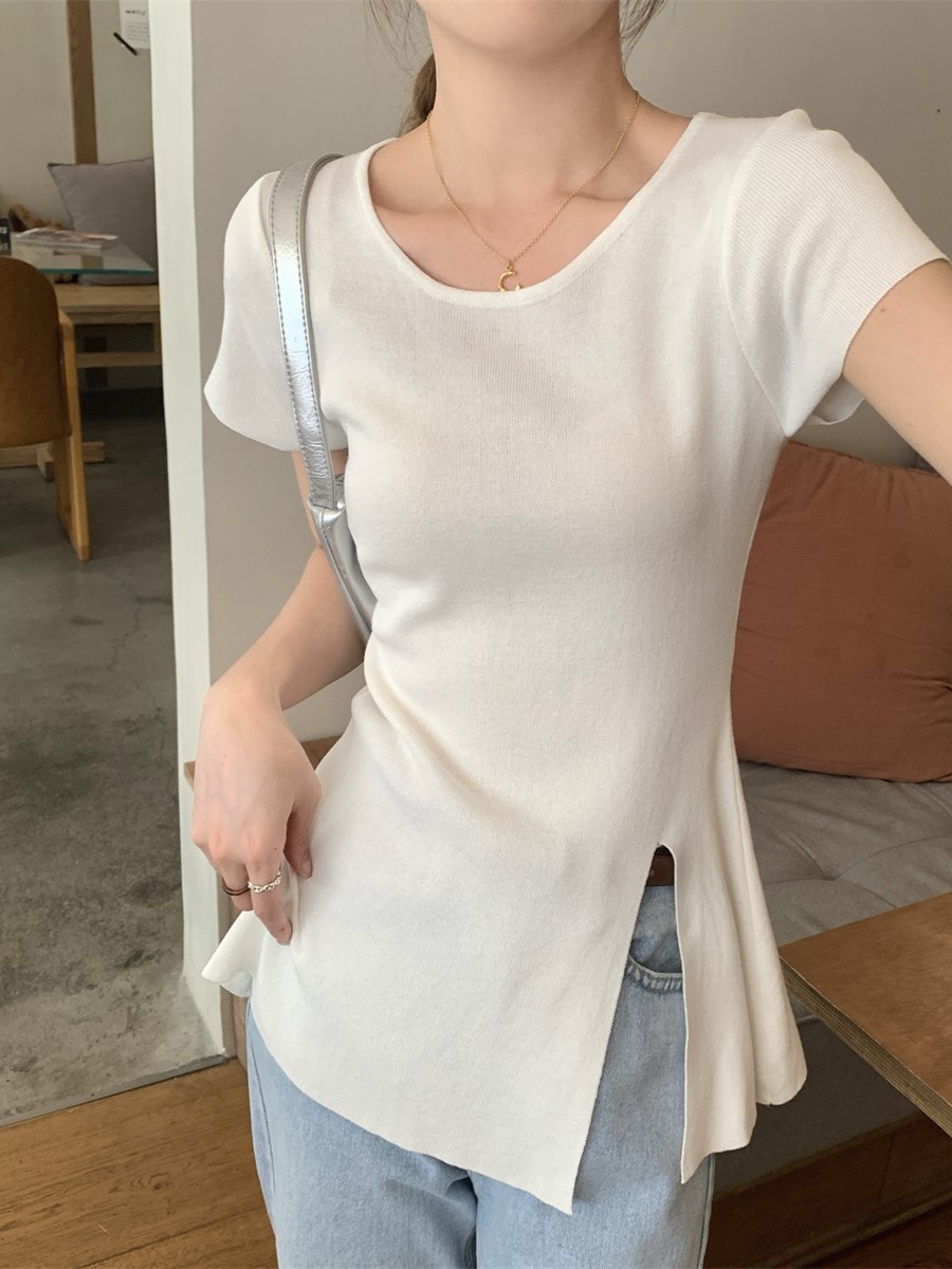 Photographed Summer Korean Style Fitted Charming Slit Slimming Medium Length Knit Top Short Sleeve Women's Clothing
