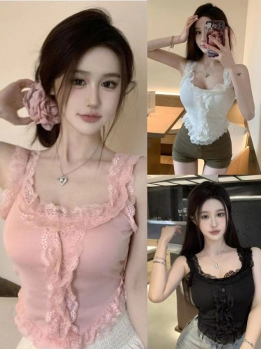 Lace camisole summer rayon outer wear short style with breast pads and beautiful back bottoming hot girl top