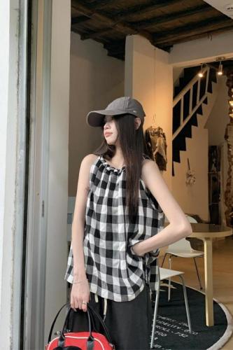 Real shot 2024 summer new style retro plaid camisole women's bow tie shirt top