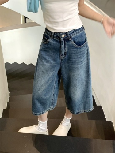 Large size American retro blue washed denim wide-leg shorts, loose casual mid-pants, versatile straight-leg cropped pants