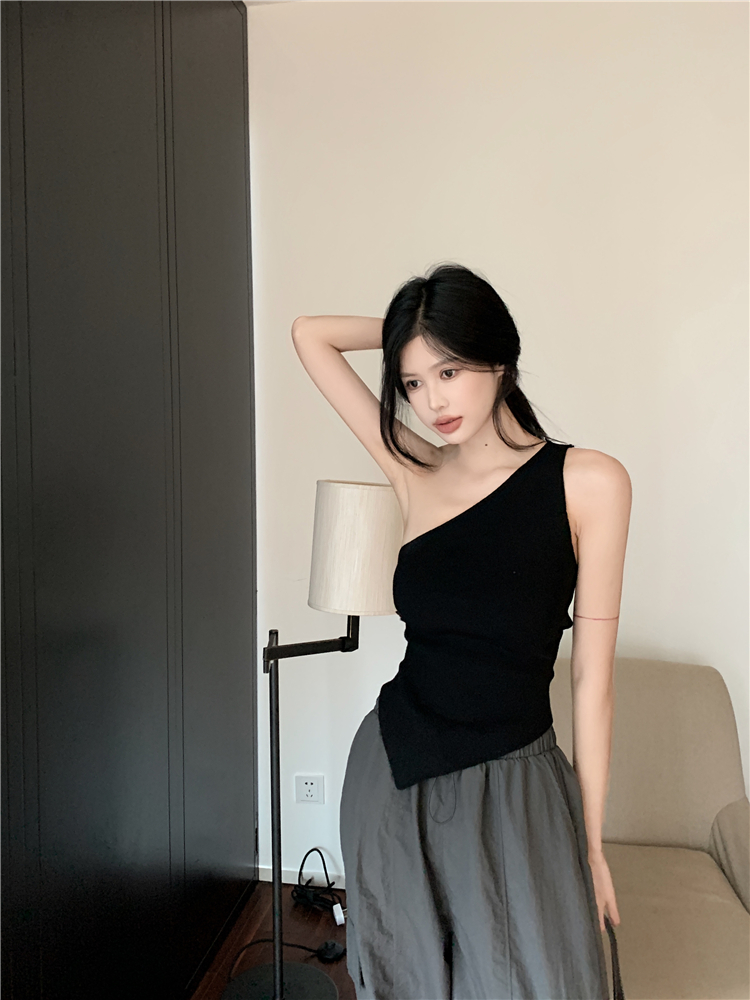性感辣妹斜肩背心女內搭夏季修身顯瘦不規則無袖外穿短款百搭上衣