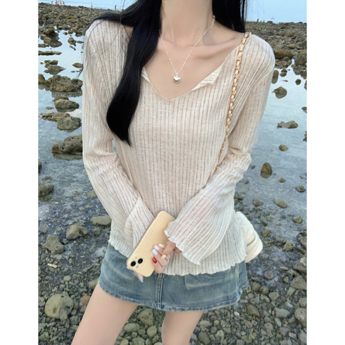 Actual shot of 2024 summer casual style long-sleeved sun protection blouse thin striped loose versatile T-shirt top