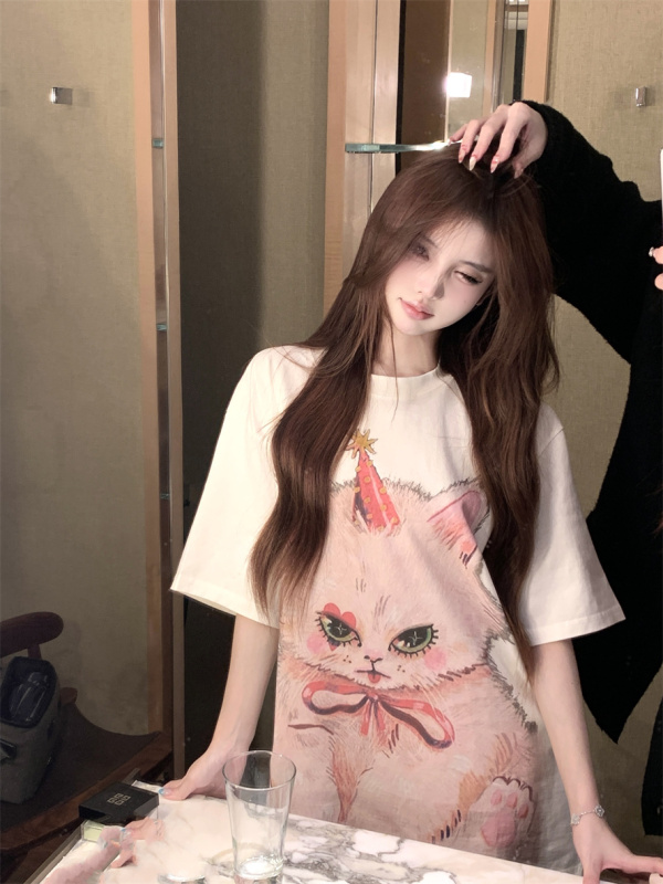 Real shot and real price cute cat print loose T-shirt