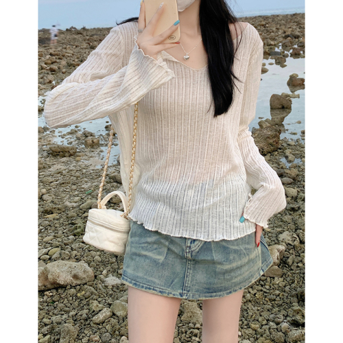 Actual shot of 2024 summer casual style long-sleeved sun protection blouse thin striped loose versatile T-shirt top