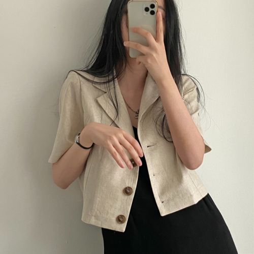 High-quality Korean summer new version ins blogger thin short-sleeved cotton linen suit short jacket