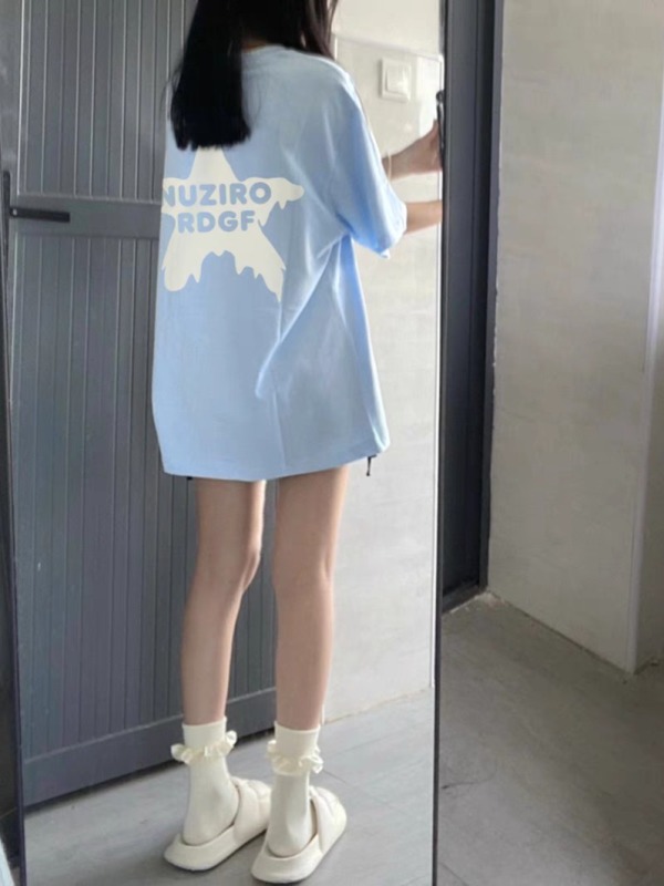 Pure cotton 220g blue short-sleeved T-shirt trendy brand half-sleeved women's summer 2024 new hot style loose top couple wear