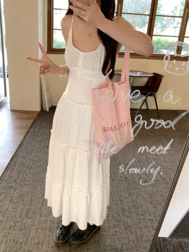 Pink suspender dress for women summer 2024 new pinch waist skirt small French gentle style a-line skirt long skirt