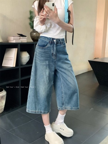 Large size American retro blue washed denim wide-leg shorts, loose casual mid-pants, versatile straight-leg cropped pants