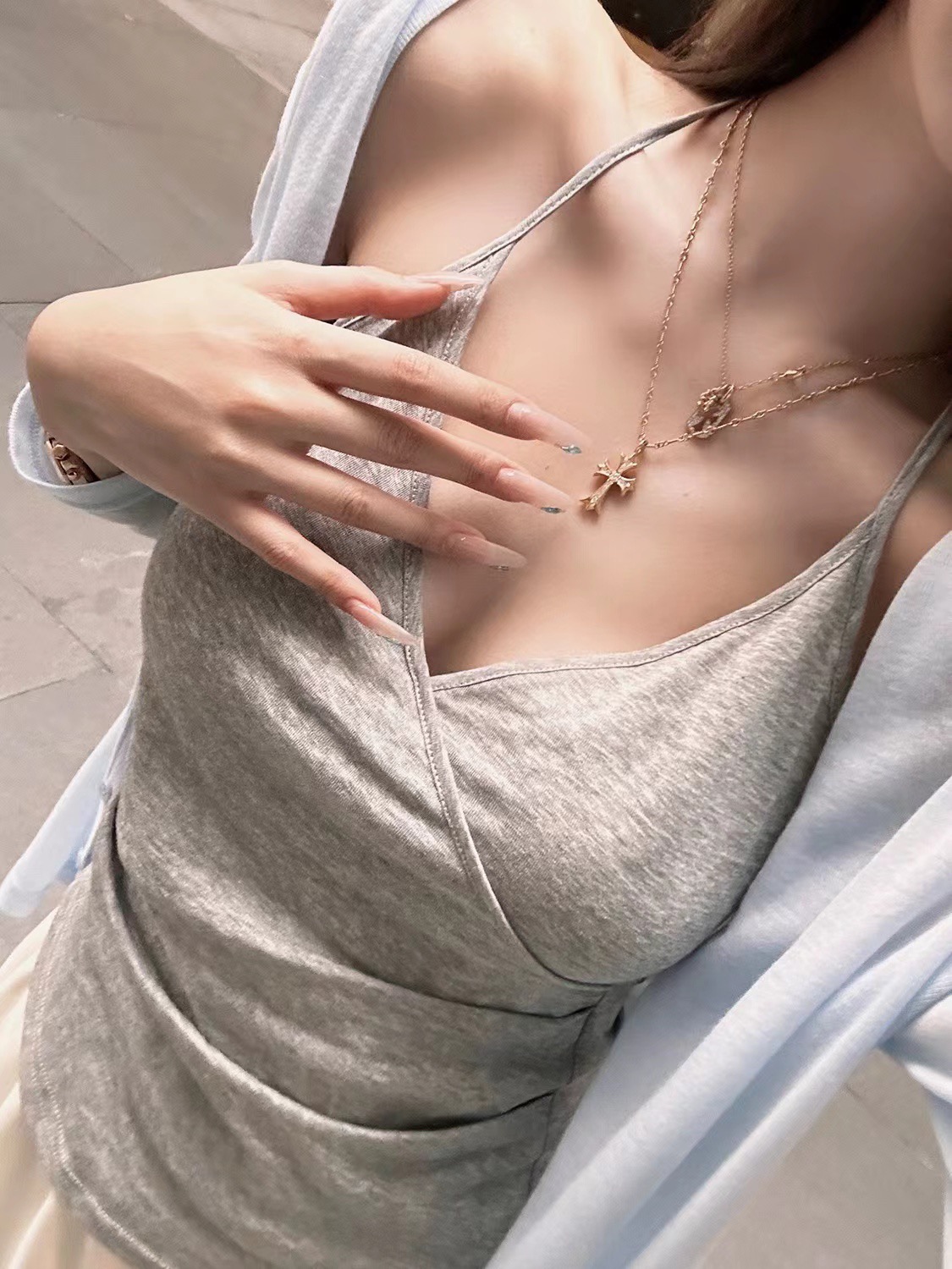 JMSHOP 鬆弛vibe 竹節棉掛脖吊帶女設計感夏季薄款交叉領無袖上衣