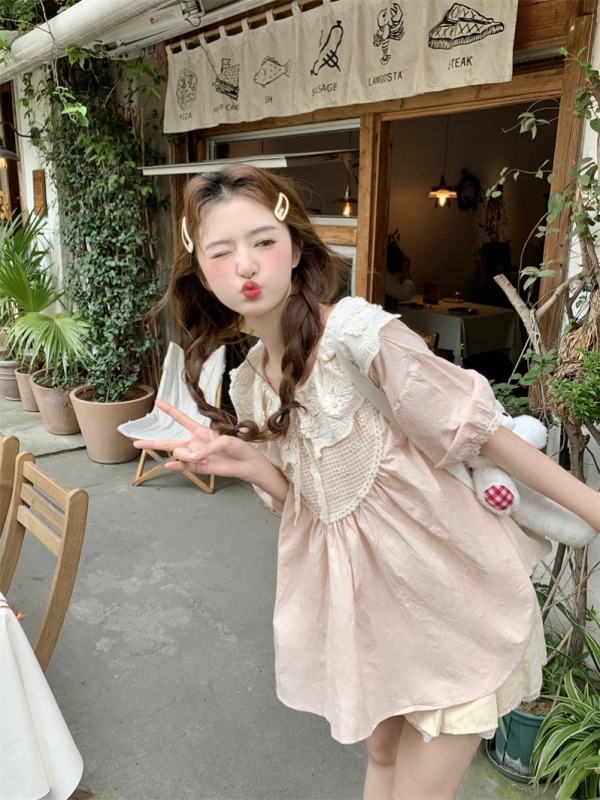 Korean sweet heavy-duty ruffled three-dimensional embroidered doll collar loose short-sleeved shirt
