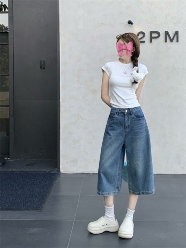 Large size American retro blue washed denim wide-leg shorts, loose casual mid-pants, versatile straight-leg cropped pants