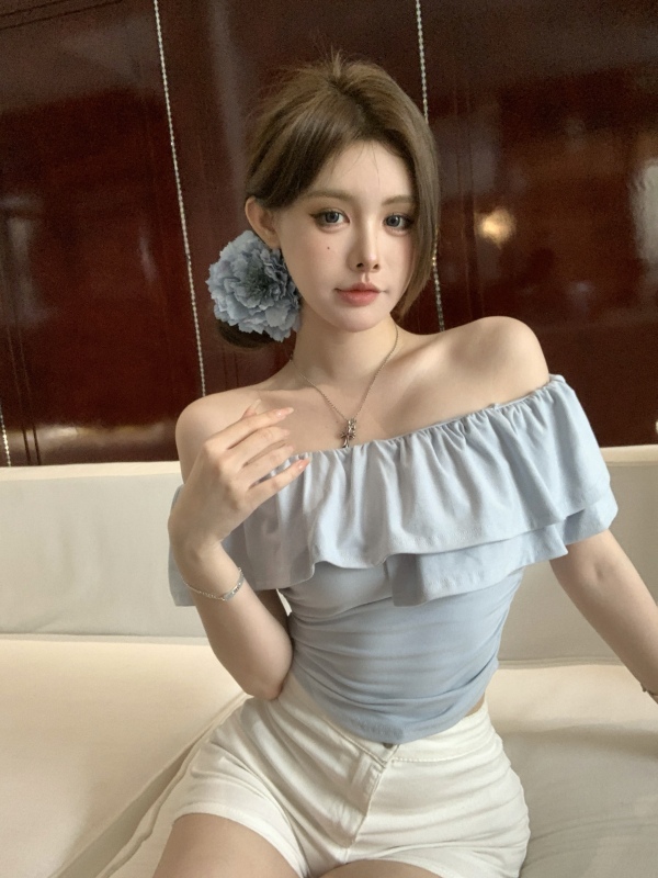 Real shot, real price, irregular ruffled one-shoulder short-sleeved T-shirt, blue design, slim fit knitted top