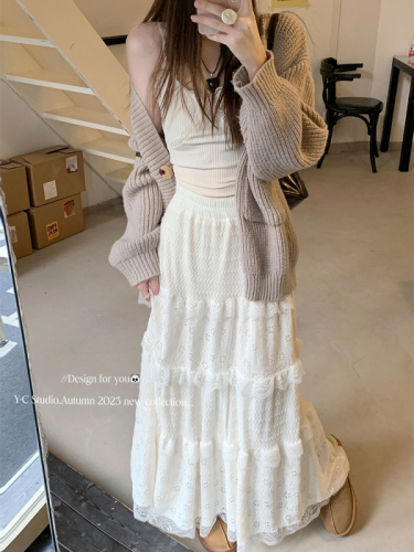 Skirt for women, autumn and winter high-waisted A-line skirt, cake skirt, gentle style long skirt, niche skirt with design