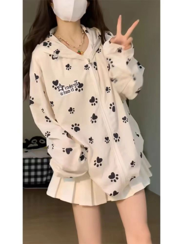 Dog paw print hooded cute sun protection clothing for women 2024 summer college loose and versatile coat