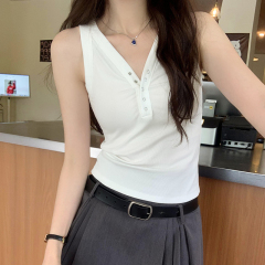實拍圖美式辣妹設計感V領半排按扣無袖工字背心女夏新款獨特上衣