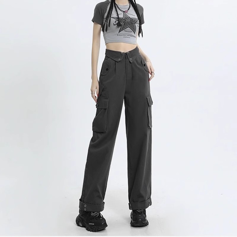 Gray cuffed overalls, American retro high-waisted, wide-legged casual pants, plus size women, fat girls look slim
